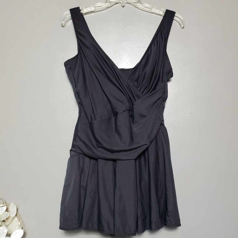 Miraclesuit One Piece Swim Dress Size 18W Black Wrap Style Slimming Shaping